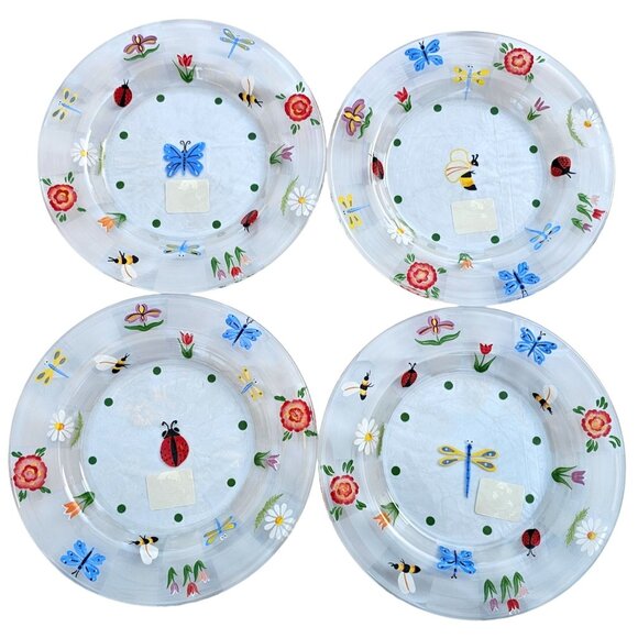 Lenox Natures Splendor Glass Dessert Plates 4 Hand-Painted Floral Insect Design - Picture 1 of 15